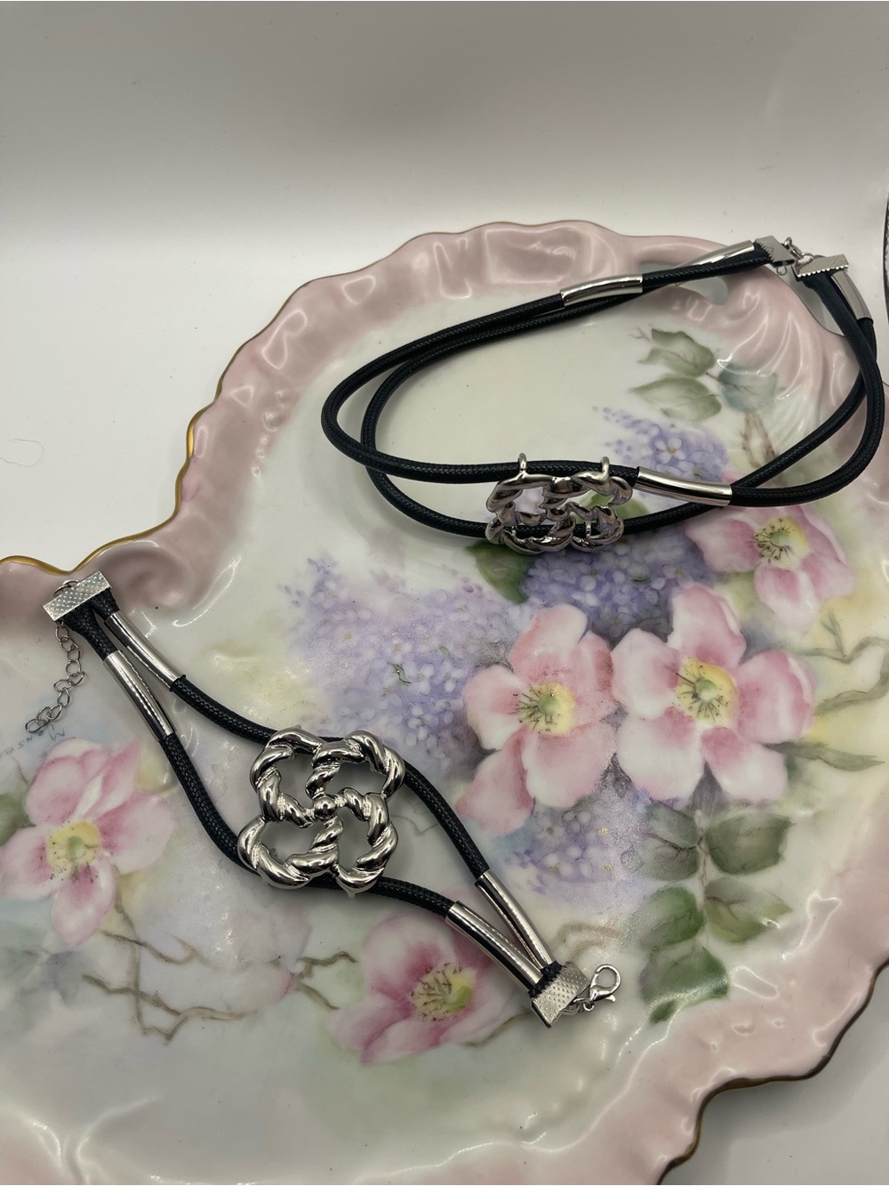 Silver Floral Knot Black Cord Necklace and Bracelet Set